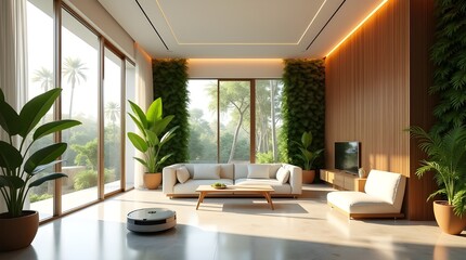 Minimalist Tropical Living Space with Smart Eco Design, Soft Motion Lighting, and Organic Architectural Harmony