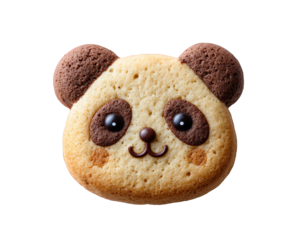 Cute panda shaped biscuit with cocoa detail. An adorable, sweet snack for children. Isolated food photography of charming cookie with happy face on transparent background