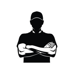 Silhouette of a person wearing a cap and t shirt with arms crossed on a white background
