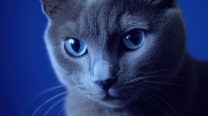 Close-up of a grey cat with blue eyes against a blue background. Studio shot. Possible use pet photography
