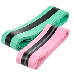 Two resistance bands, mint and pink, with black and grey stripes, lying flat