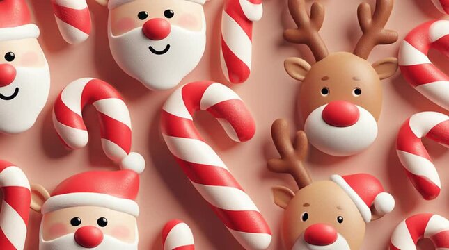 3D cartoon-style video of Christmas candy cane pattern featuring Santa Claus and reindeer faces, festive holiday loop animation, bright cheerful colors, seamless decorative render
