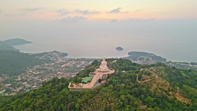 wide aerial of phuket big buddha with bays and islands