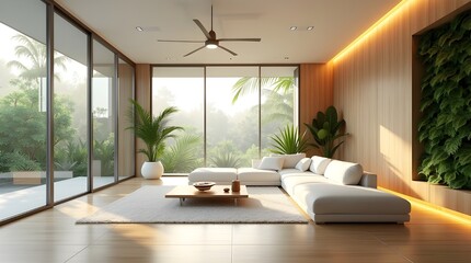 Tropical Smart Minimalist Living Room with Glass Walls, Natural Light, and Sustainable Eco Technology Design