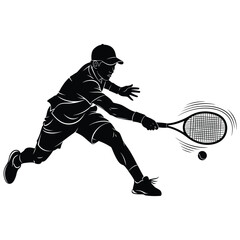 Silhouette of a tennis player in action hitting the ball with a racket on a white background