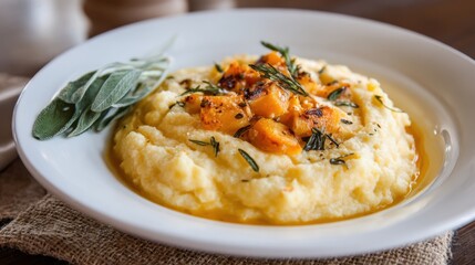 A plate of mashed potatoes with parsley on top. The parsley is green and the potatoes are yellow