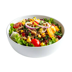 Vibrant quinoa salad in a white bowl, with fresh vegetables, isolated on black