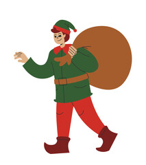 Christmas elf carrying bag of gifts. Fairytale character in linear flat style.