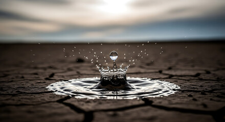 Water drop falling on cracked earth, creating ripples in a dry environment