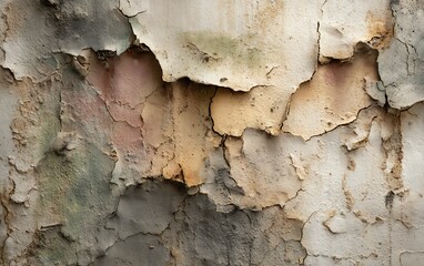 Obraz premium Intricate close-up of weathered paint peeling on an old wall, revealing multiple layers of distressed texture and vibrant earthy tones