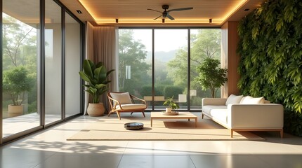 Eco-Friendly Tropical Minimalist Interior with Futuristic Smart Home Lighting and Gentle Motion Effects