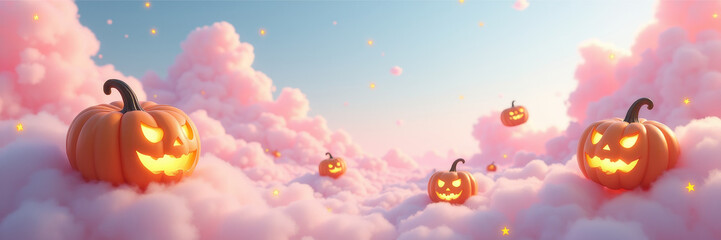 Magical Pastel Halloween Sky with Floating Pumpkins, Clouds and Stars in Dreamy Pink and Blue Hues