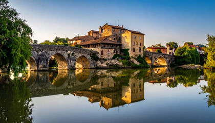 Fototapeta premium Medieval Bridge and Buildings Reflection
