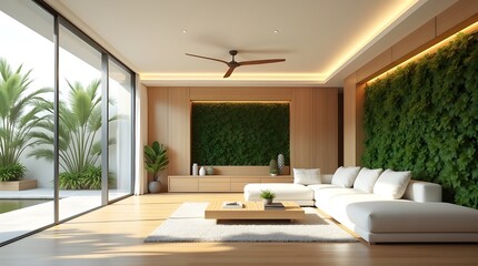 Tropical Smart Minimalist Living Room with Glass Walls, Natural Light, and Sustainable Eco Technology Design