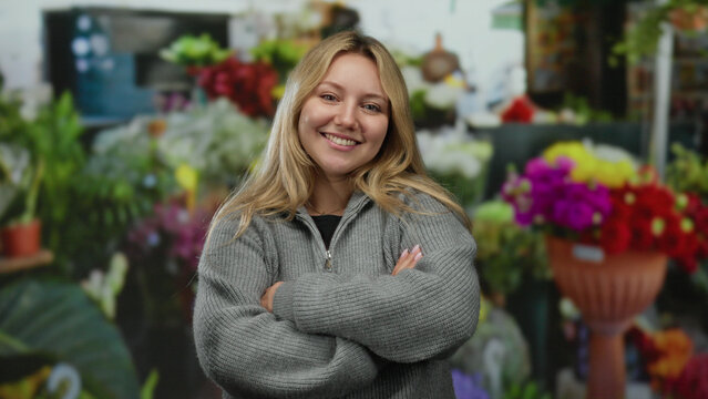 Woman smiling in city flower shop crossing arms against colorful floral backdrop