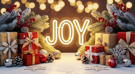 Festive Christmas gifts and glowing "JOY" neon sign create a warm holiday atmosphere.