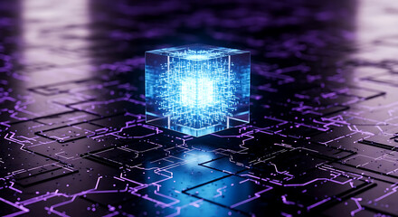 Abstract glowing cube on a dark surface with circuit board pattern and reflections