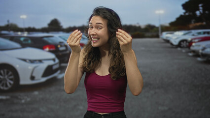 Young hispanic woman smiling pinch fingers gesture wearing magenta tanktop near parked cars in street; playful extravagance.