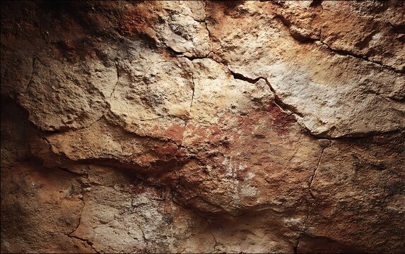 Detailed view of prehistoric cave painting on a rugged rock wall, preserving ancient human artistic expression and invaluable cultural heritage