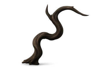 Gnarled twisted old tree trunk, dark brown bark, weathered wood structure, roots and branch, cutout on transparent background