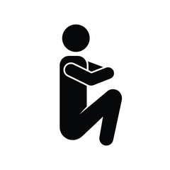 A black silhouette of a person sitting with knees up and arms wrapped around legs on white background