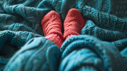 Knitted socks on blue wool blanket, cozy winter background, close-up