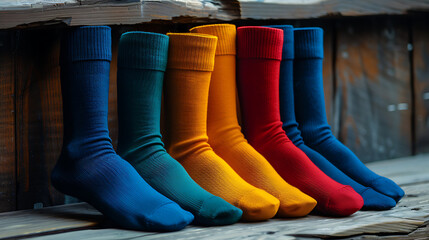 Pairs of colorful socks displayed at market, close-up. Retail and fashion concept