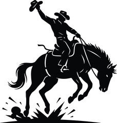 Rodeo Cowboy Riding Bucking Horse Silhouette Vector, Wild West Sport Black Outline Illustration, Equestrian Competition Graphic
