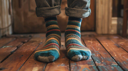 Kid’s feet in bright socks on wooden background. Childhood and comfort