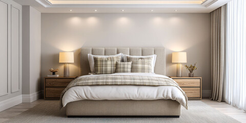 A bedroom with a white bed and two lamps. The bed is covered in a white comforter and pillows. The room has a clean and minimalist look, with a neutral color scheme. The curtains are white