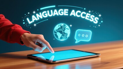 A hand tapping glowing tablet with text language access, futuristic ai powered language translate concept