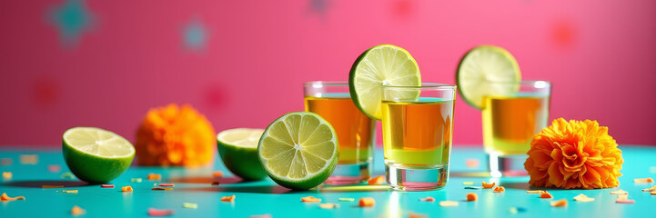 Fototapeta premium Festive Mexican Table Scene with Tequila, Lime and Marigold Flowers on Bright Turquoise and Pink Background