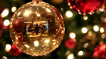 Christmas tree decorated with red and gold balls and bokeh lights