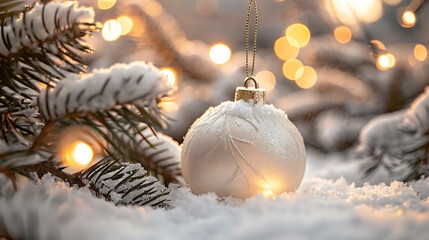 White Christmas ball on snow-covered fir branch. Winter holiday decoration