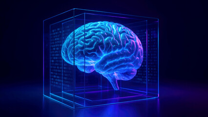 Neon blue and purple glowing human brain within a transparent cube with binary code science technology