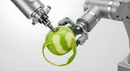 Robotic arms peeling green apple industrial robots