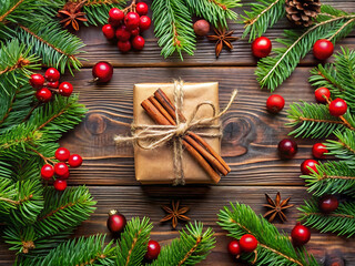 Overhead view of a christmas gift wrapped in brown paper with cinnamon sticks and pine branches