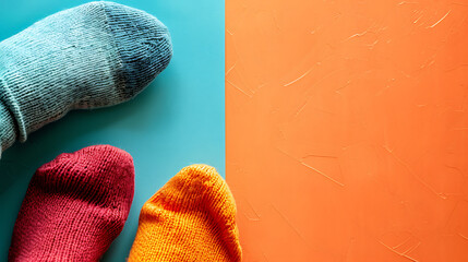 blue, red, orange socks on feet, knitted socks on a blue and orange background with space for text 