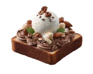 Delicious chocolate honey toast dessert with scoop of vanilla ice cream. This indulgent sweet treat features nut, mint, and chocolate spread on thick slice of bread
