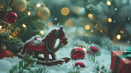 Beautiful Christmas composition with baubles and snow. Holiday greeting card