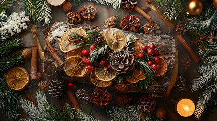 Christmas decoration with fir branches, cones, berries and dried lemon on wooden background