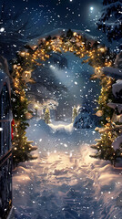 Magical winter night with Christmas tree and glowing garland lights. Winter fairy tale scene