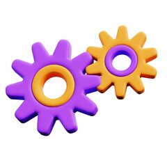 Two interlocking 3D gears purple and orange with yellow center on a transparent background illustrating mechanics and connection