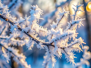 Closeup of a frostcovered tree branch in the soft golden light of sunrise, highlighting intricate ice crystals