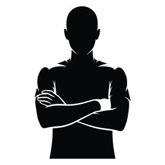 Silhouette of a muscular person with arms crossed standing against a white background image