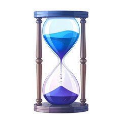 Cartoon hourglass with blue liquid slowly flowing from top to bottom within a wooden frame