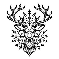 Intricate black and white line art illustration of a majestic deer head adorned with ornate patterns and winter foliage