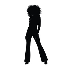 Silhouette of a woman with afro hair wearing a jumpsuit and heels standing on a white background
