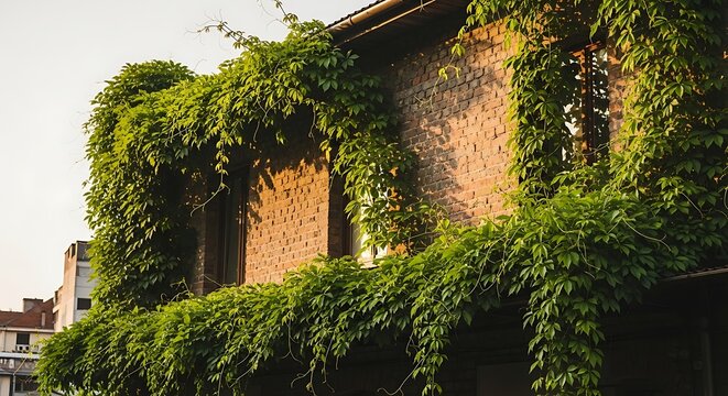 Building facade adorned with lush green vines in natural light.