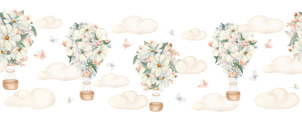 White flowers balloons on Seamless Border with clouds isolated. Hand drawn aerostats with clouds and butterflies in blush pink tones. Watercolor repeat background for nursery wall or textiles. © Ekaterina Lanbina